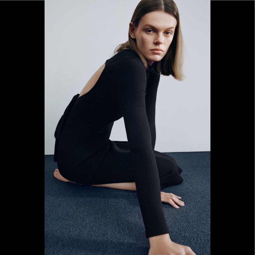 🤍 ZARA Knit Ribbed Sweater Belted Cut Out Open Back MIDI Dress